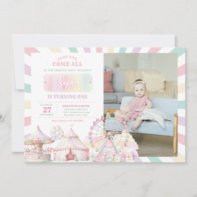 Invitation Fille Pastel Carnaval de couleurs Cirque Photo Ann (Devant)
