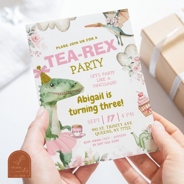 Invitation Fille pastel dinosaure tutu Tea-Rex premier annive (Créateur téléchargé)