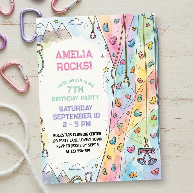 Invitation Fille pastel escalade montagne anniversaire (Girls rock Climbing birthday invitation for kids and tweens by Darling & May)