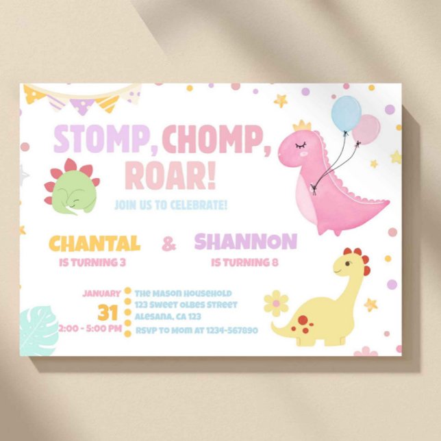 Invitation Fille Pastel Rose Dinosaure Anniversaire Conjoint (dinosaur birthday invitation, joint birthday invite, sibling birthday invite, kids dino party invite)