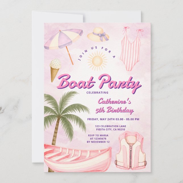 Invitation Fille pastel rose Fête du bateau Thème d'anniversa (Devant)