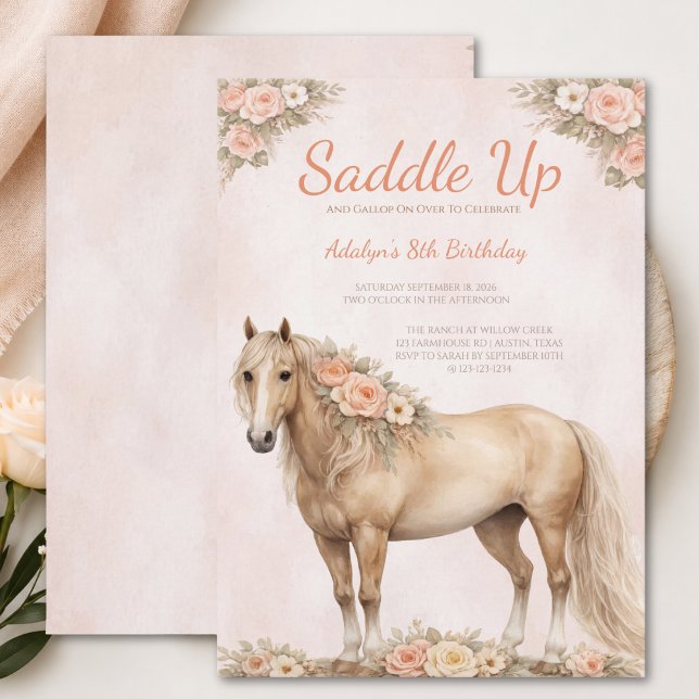 Invitation Fille Peach Floral Cheval 8e Anniversaire (Créateur téléchargé)