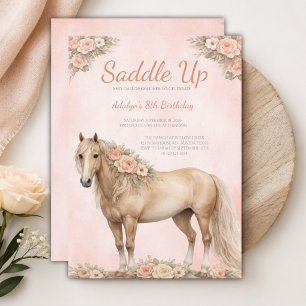 Invitation Fille Peach Floral Cheval 8ème Anniversaire