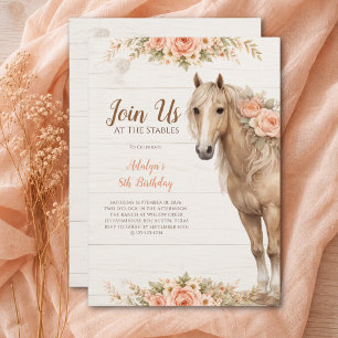 Invitation Fille Peach Floral Ferme Équestre 8e Anniversaire