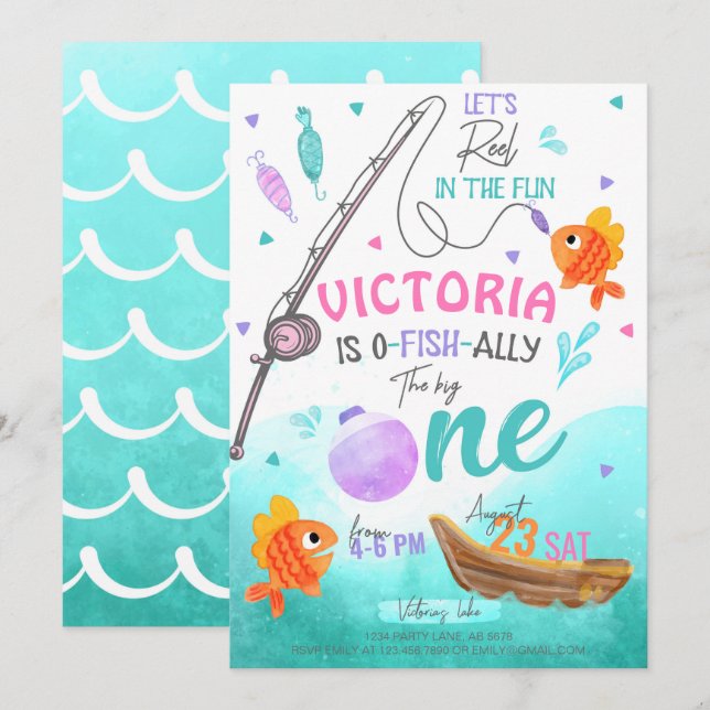 Invitation Fille Pêche 1er anniversaire (Devant / Derrière)