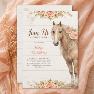 Invitation Fille Pêche Floral Équitation 5e Anniversaire