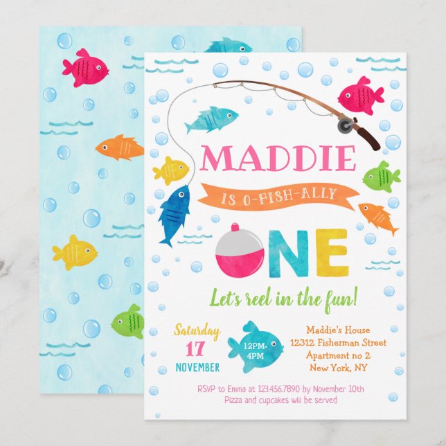 Invitation Fille Pêche O-poisson-allié 1er anniversaire Invit (Devant / Derrière)