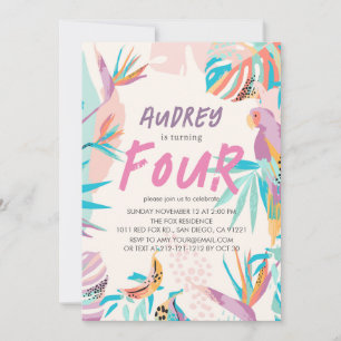 Invitation Fille perroquet feuille tropicale colorée Annivers