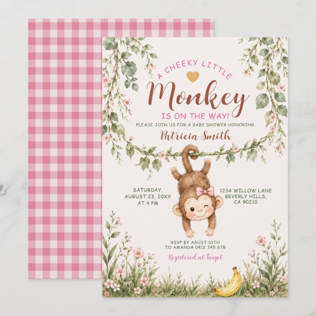 Invitation Fille Petit Singe Espiègle Fleur Rose Baby Shower (Devant / Derrière)