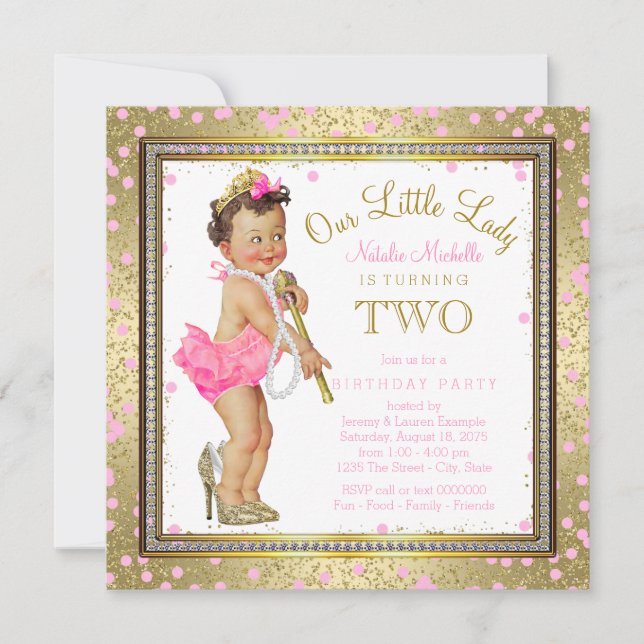 Invitation Fille Petite Dame 2ème Anniversaire Rose Or (Devant)