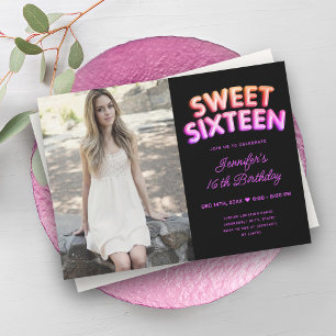 Invitation Fille Photo Balloons en néon Hot rose Black Sweet 