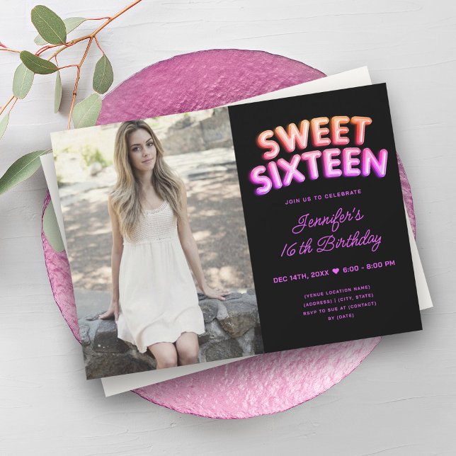 Invitation Fille Photo Balloons en néon Hot rose Black Sweet  (Girly Photo Neon Balloons Hot Pink Black Sweet 16 Invitation)
