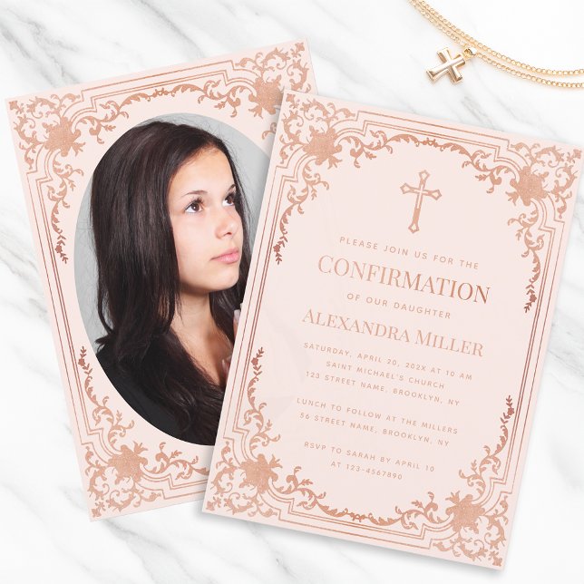 Invitation Fille Photo Confirmation Rose Rose Gold Élégant (Créateur téléchargé)
