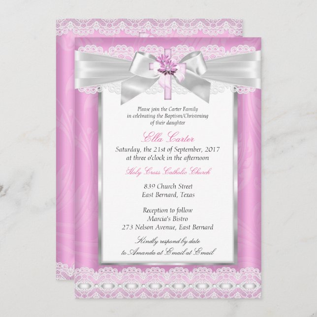 Invitation Fille Photo Croix rose florale Baptême Christening (Devant / Derrière)