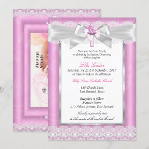 Invitation Fille Photo Croix rose florale Baptême Christening