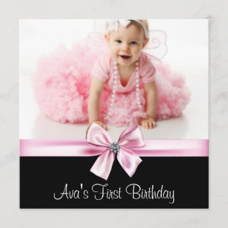 Invitation Fille photo fête premier anniversaire rose noir