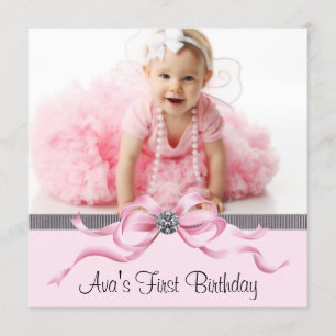 Invitation Fille photo fête premier anniversaire rose noir