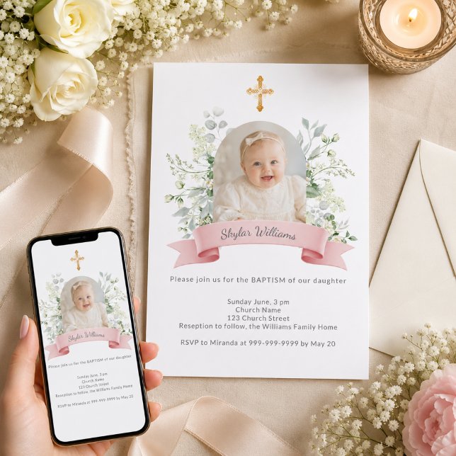 Invitation Fille photo rose fleurs blanches arche Baptême (Créateur téléchargé)