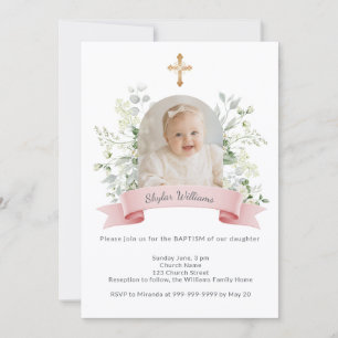 Invitation Fille photo rose fleurs blanches arche Baptême