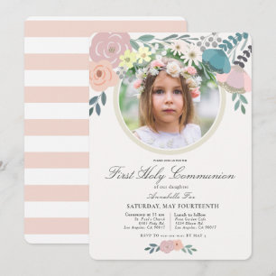 Invitation Fille photo rose florale Première communion sainte