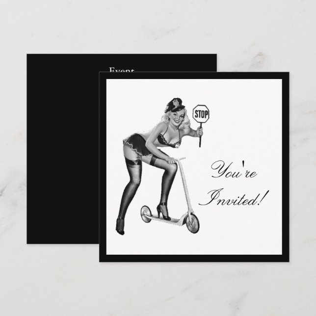 Invitation Fille pin-up de style noir et blanc 1 (Devant / Derrière)