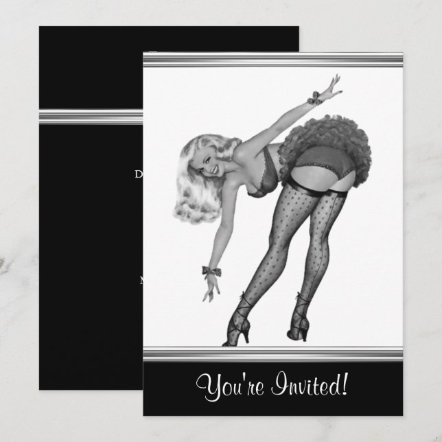 Invitation Fille pin-up de style noir et blanc 19 (Devant / Derrière)