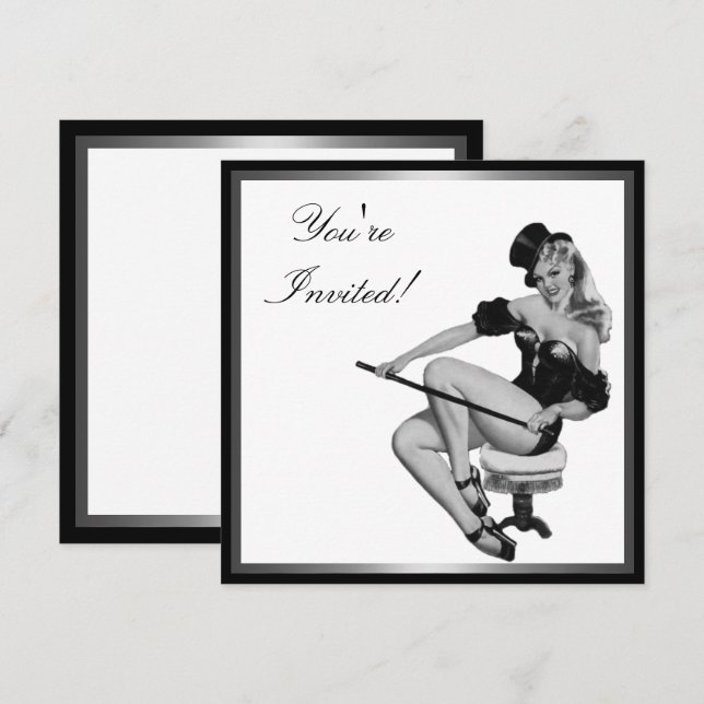 Invitation Fille pin-up de style noir et blanc argenté 5 (Devant / Derrière)
