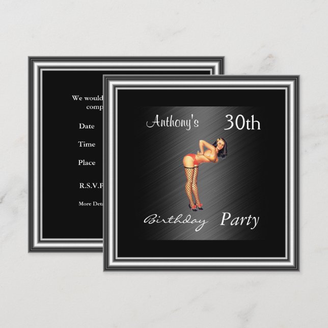 Invitation Fille pin-up et fête d'anniversaire noire (Devant / Derrière)
