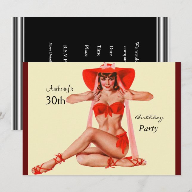 Invitation fille pin-up rouge Crème Fête d'anniver (Devant / Derrière)