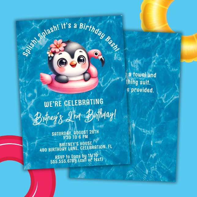 Invitation Fille Pingouin Piscine Fête d'anniversaire à éclab (Créateur téléchargé)