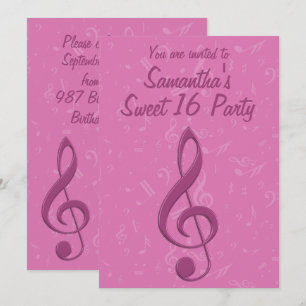 Invitation Fille Pink Clef et notes musicales Anniversaire