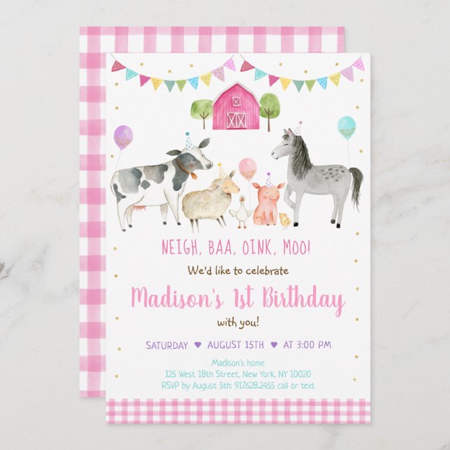 Invitation Fille Pink Farm Anniversaire (Devant / Derrière)