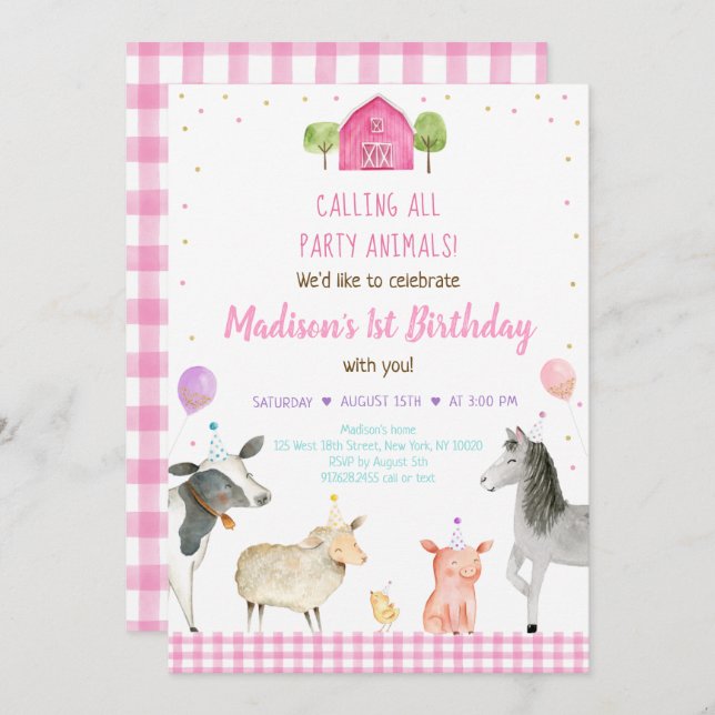 Invitation Fille Pink Farm Party Animal Anniversaire (Devant / Derrière)