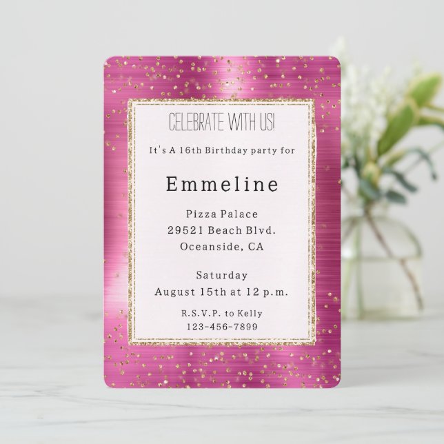 Invitation Fille Pink Glam Gold Sparkle Confetti Anniversaire (Debout devant)