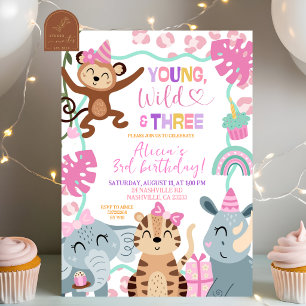 Invitation Fille Pink Safari  Jeune Sauvage et Trois Annivers