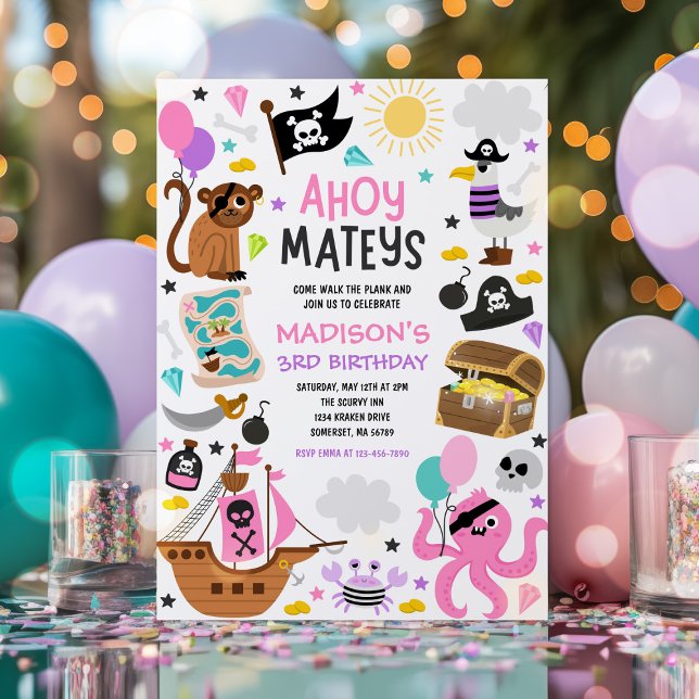 Invitation Fille Pirate rose Vaisseau Trésor Anniversaire Fêt (Créateur téléchargé)