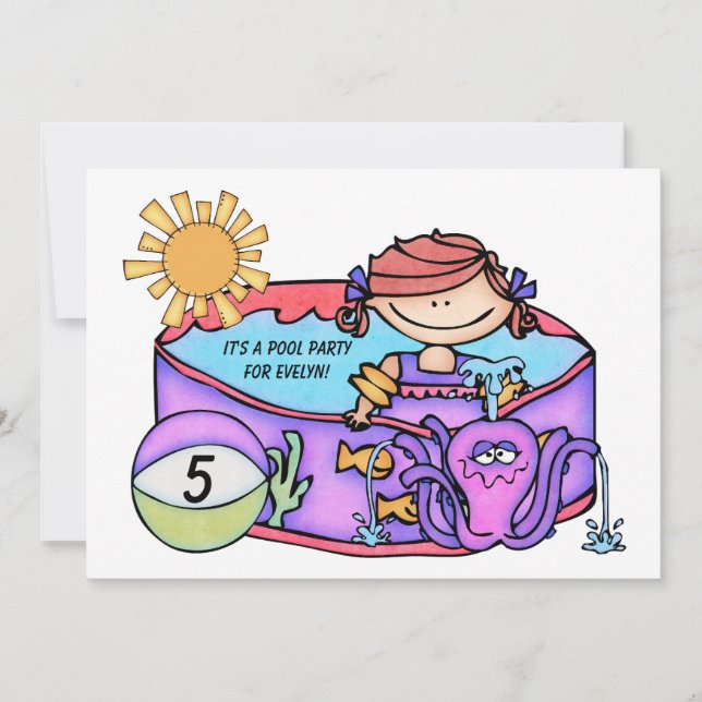 Invitation Fille Piscine Plage Natation Anniversaire Invitati (Devant)