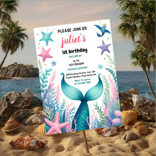 Invitation fille poisson cool mer bleu sirène 1er anniversair