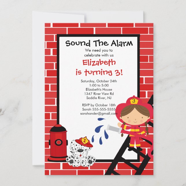 Invitation Fille pompier Fête d'anniversaire (Devant)