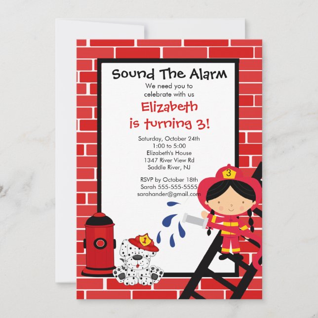 Invitation Fille pompier Fête d'anniversaire (Devant)