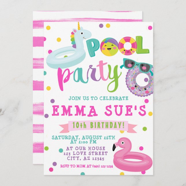 Invitation Fille Pool Party Unicorn Flamant rose Float Annive (Devant / Derrière)