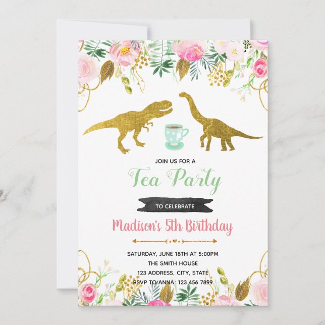 Invitation fille pour fête Tea rex (Devant)