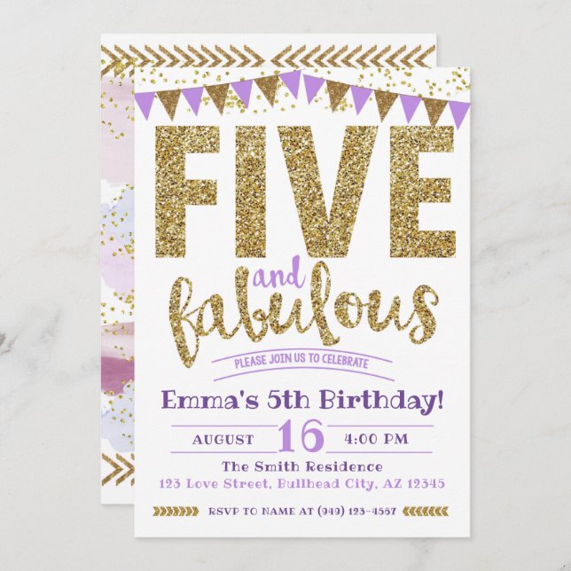 Invitation Fille pourpre cinq et fabuleux 5e anniversaire (Devant / Derrière)