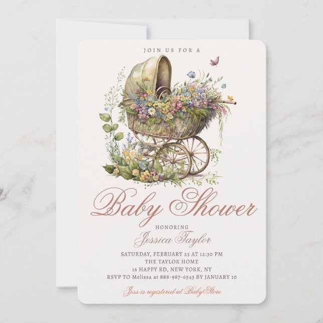 Invitation Fille poussette en osier florale Bain bébé rétro (Devant)