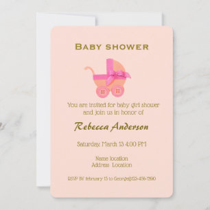 Invitation Fille poussette rose, typographie dorée sur rose p