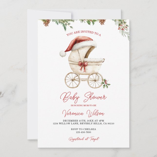 Invitation Fille poussette rouge de Noël Baby Shower  (Devant)