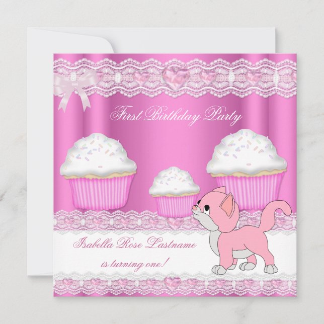 Invitation Fille premier 1er anniversaire Cupcakes roses bébé (Devant)