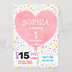 Invitation Fille Premier anniversaire Aquarelle Coeur Boulon