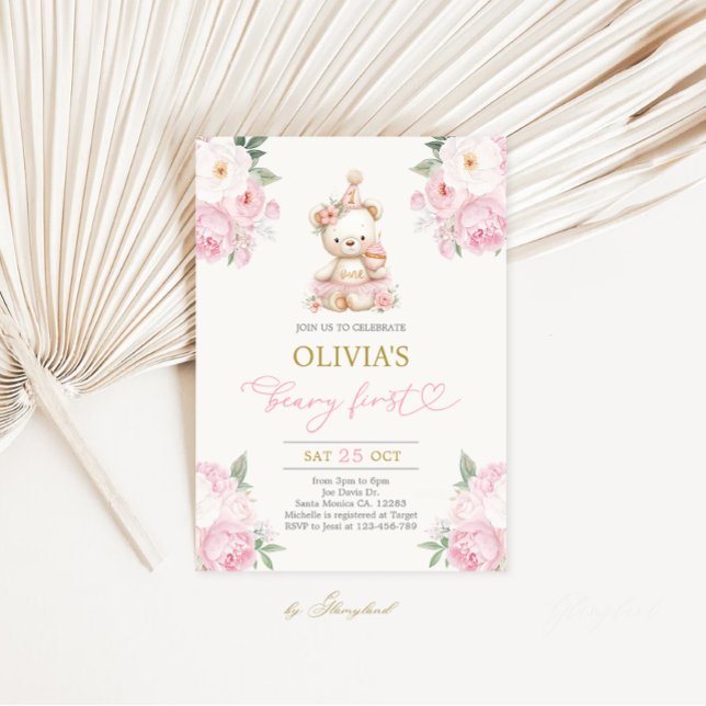 Invitation Fille premier anniversaire Beary (Créateur téléchargé)