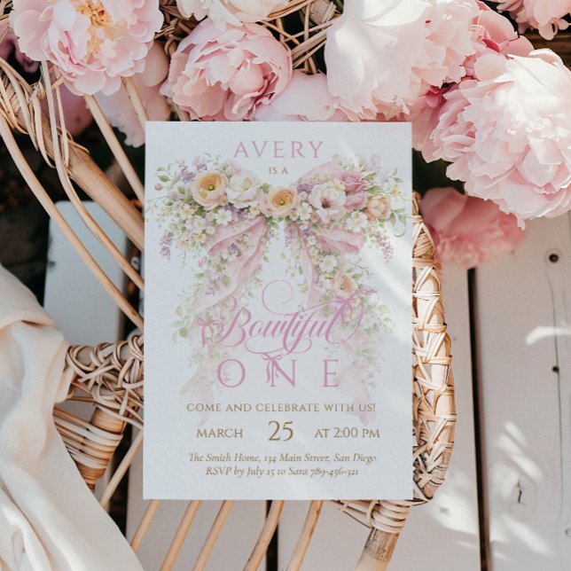 Invitation Fille premier anniversaire Bloom Floral Bow (Créateur téléchargé)